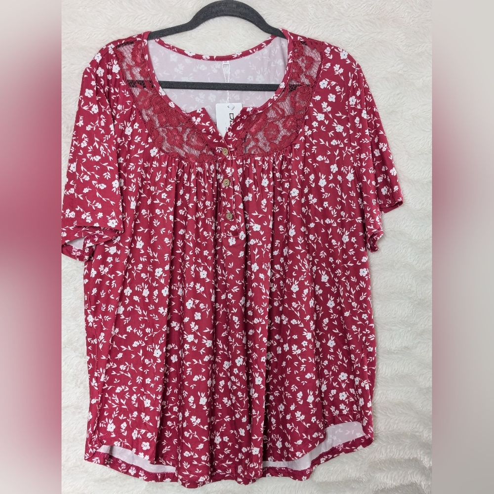 🆕 DOLNINE Red Floral Top Sz 2XL Short Sleeve Lace Tunic Blouse NEW